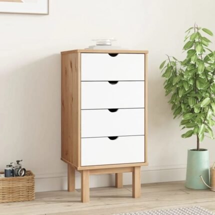 Solid wood chest cabinet with white drawers and natural finish in a compact vertical design for living spaces - Modera Furnish