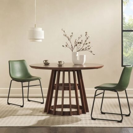 Round solid wood dining table with slatted pedestal base in modern contemporary style – Modera Furnish.