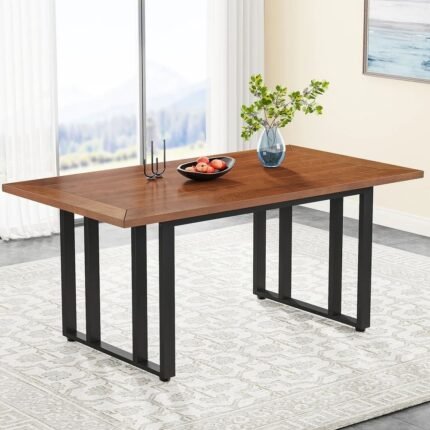 Industrial dining table with wood top and metal legs in dark brown finish – Modera Furnish