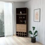 Brown solid wood corner bar cabinet with glass racks, wine cubbies, and modern dual-tone finish by Modera Furnish.