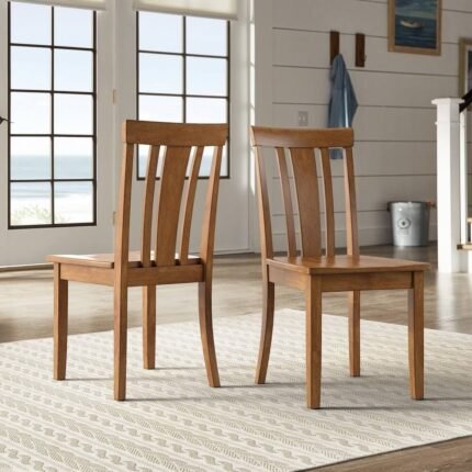 Chic sheesham wood dining chair set of two with slatted backs in oak brown finish for dining spaces - Modera Furnish