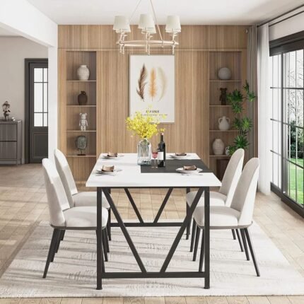 Solid wood dining table with white and black finish and metal base in modern contemporary design – Modera Furnish