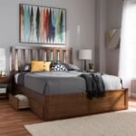 Walnut brown solid wood storage bed with slatted headboard and integrated drawers for modern sleeping spaces - Modera Furnish