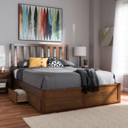 Walnut brown solid wood storage bed with slatted headboard and integrated drawers for modern sleeping spaces - Modera Furnish