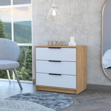 Modern solid wood chest of three drawers in white and pine finish for contemporary bedrooms - Modera Furnish