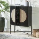 Modern black solid wood wine cabinet with cane doors, glass rack, and metal legs by Modera Furnish.