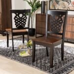 Modern solid wood dining chairs set of two with carved backrests in dark brown finish for dining spaces - Modera Furnish