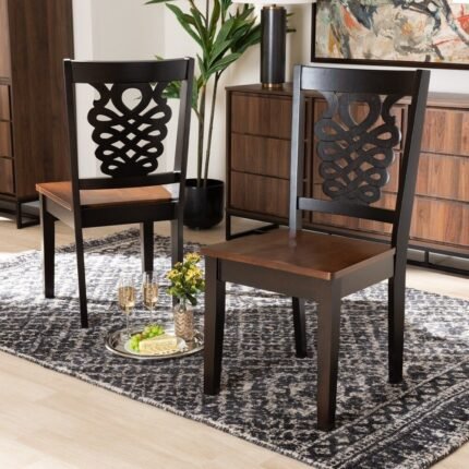 Modern solid wood dining chairs set of two with carved backrests in dark brown finish for dining spaces - Modera Furnish
