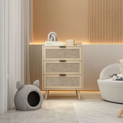 A natural rectangular solid wood chest of drawers featuring three drawers with hand-woven cane front panels - Modera Furnish.
