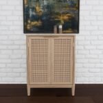 Luxury brown solid wood cane bar cabinet with woven doors, wine grid, and open storage by Modera Furnish.