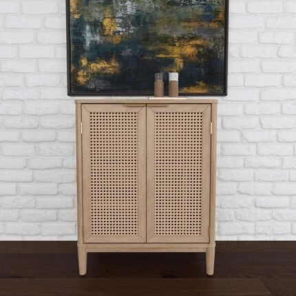 Luxury brown solid wood cane bar cabinet with woven doors, wine grid, and open storage by Modera Furnish.