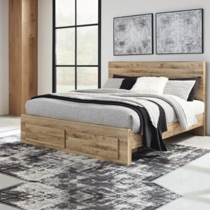 Solid wood tan storage bed with clean-lined headboard and integrated drawers for modern sleeping spaces - Modera Furnish