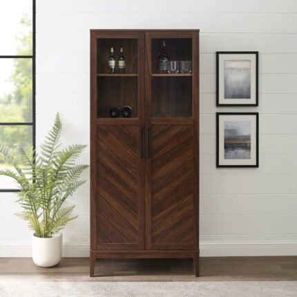 A walnut brown tall solid wood cabinet featuring upper glass doors and lower chevron patterned wood doors - Modera Furnish.