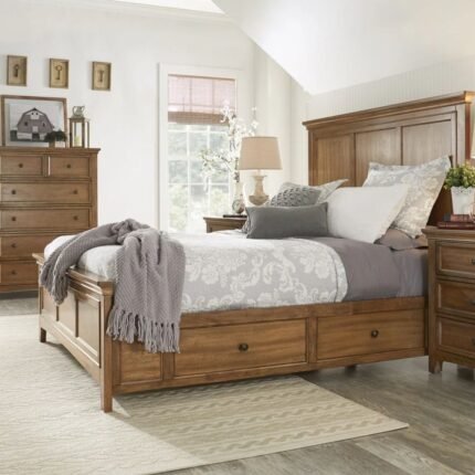 Queen size solid wood storage bed with antique finish and built-in drawers for organized sleeping spaces - Modera Furnish
