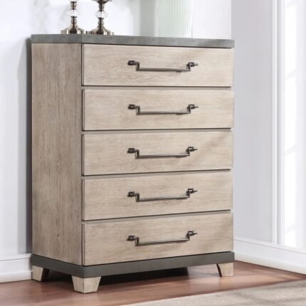 Modern solid wood 5-drawer chest in weathered oak finish with metal handles – Modera Furnish