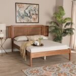 Solid wood brown finished bed with woven cane headboard and natural texture for modern sleeping spaces - Modera Furnish