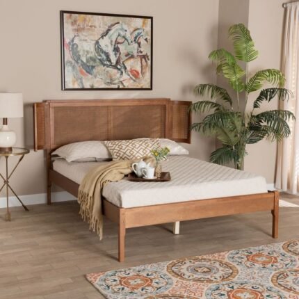 Solid wood brown finished bed with woven cane headboard and natural texture for modern sleeping spaces - Modera Furnish